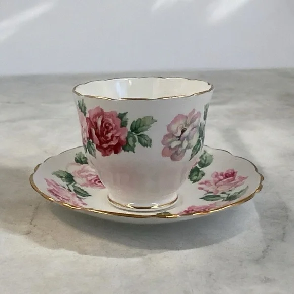 Vintage Crown Staffordshire England Teacup & Saucer, Tiffany Rose Bone China - Picture 6 of 8
